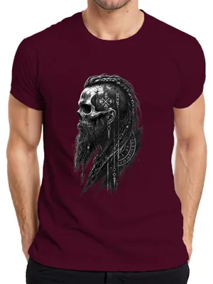 Productafbeelding van Vikings: T-shirt met afbeelding van een schedel, baard, runen, afbeeldingen van Noormannen, Valhalla, krijger, Odin, herenmodel, bordeauxrood, maat XL