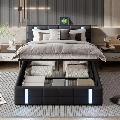 Productafbeelding van Boxspringbed 160x200 cm met LED-verlichting en USB-aansluitingen – Zwart Polyurethanbedframe met een verlicht hoofdeinde, acrylpanelen en opbergruimte