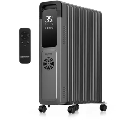 Obrázek produktu pro Brandson olejový radiátor 2500 W s topným ventilátorem 400 W, elektrické topení, 3 stupně výkonu, termostat 5 až 35 °C, časovač 24 hodin, dálkové ovládání, režimy ECO a ochrana proti mrazu, 4 kolečka, černá barva