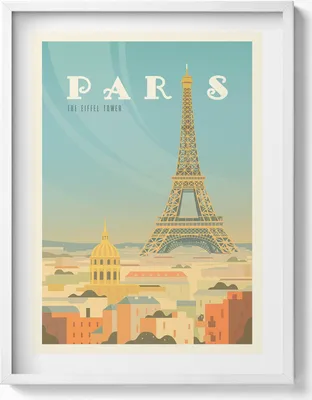 Produktbild von Illustration von Paris und dem Eiffelturm– Wandbild mit Rahmen – Gerahmtes Bild  – Wanddekoration – 60x80 cm –  Weiß Rahmen