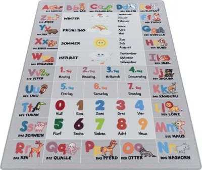 Produktbild von Teppich Läufer Kinderzimmer Grau 80x120 Alphabet Buchstaben Zahlen Tiere aus Polyamid