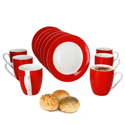 Zdjęcie produktu dla 12-częściowy zestaw śniadaniowy Variant czerwona porcelana 6-osobowy talerz mały kubek do kawy