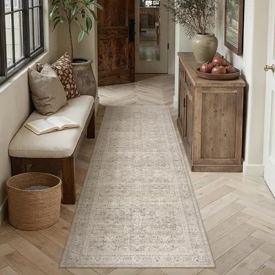 Produktbild von Teppichläufer – 60 x 240 cm – Gummiunterseite – Kurzflor – Vintage-orientalisch – Rutschfest – Maschinenwaschbar – Beige