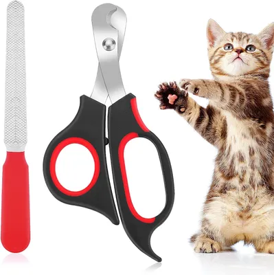 Produktbild von Krallenschere für Katzen, professionelle Krallenschere + Haustier-Nagelfeile für Kätzchen, Edelstahl-Katzenkrallenschere, Scheren-Trimmer-Set für Kleintiere, Welpen, Hamster, Vögel(Schwarz+Rot)