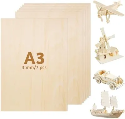 A collage showing stacked A3 plywood sheets on the left and several wooden model kits (airplane, windmill, car, ship) on the right.