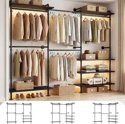 Produktbild von Kleiderschrank System Offen – Teleskop Kleiderstange Schwerlast, Begehbarer Kleiderschrank, Flexibel als L-Form oder Gerade, Industrial Pipe Design für Schlafzimmer & Ankleidezimmer