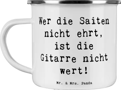 Produktbild von Mr. & Mrs. Panda Emaille Tasse Spruch Gitarre Wert - Weiß - Geschenk, Teetasse, Musik, Melodie, Leidenschaft, Instrument, Freiheit, Lernen, Kaffeepott, Pott, Becher