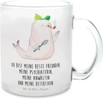 Produktbild von Mr. & Mrs. Panda Teetasse Robbe Sherlock - Transparent - Geschenk, Pott, Tee Tasse, Haferl, getränkebecher, Gute Laune, Henkeltasse