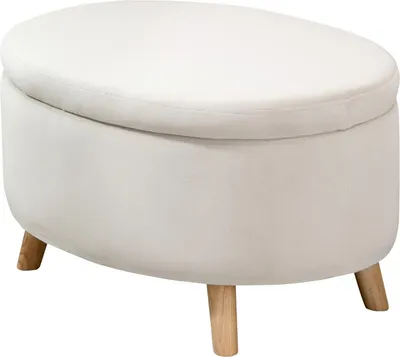 Image de Banc avec espace de rangement, ovale Banc rembourré avec couvercle, banquette-lit avec aspect velours, pour entrée chambre salon, pieds en bois 71 x 51,5 x 42 cm Beige