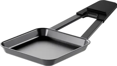 A single, black, square-shaped pan with a handle, isolated on a white background.
