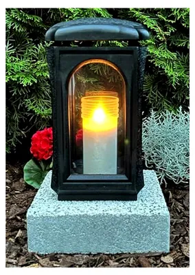 Produktbild von Grablaterne mit Sockel Classico Premium Massiv Schwarz 28,0cm Grabschmuck Grabkerze Grablampe Kerze Laterne Grabkerze Grablicht Grableuchte Lampe Licht Kerze Trauer Grabdekoration Friedhof