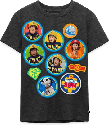 Produktbild von Spreadshirt Feuerwehrmann Sam™ Patch-Design Vom Ganzen Team Kinder Premium T-Shirt, 122/128 (6 Jahre), Anthrazit meliert