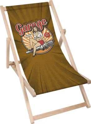 Immagine prodotto di Sdraio Dreamroots pieghevole in legno fino a 130 kg, sdraio pieghevole con regolazione dell'inclinazione dello schienale in 3 fasi, Welcome to Garage Brown