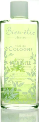 A clear studio shot of a bottle of Eau de Cologne.