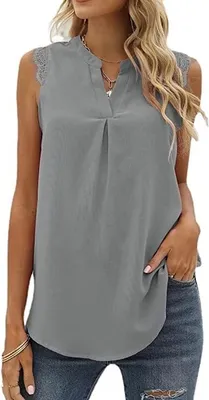 Produktbild von ASKSA Damen Ärmellose Bluse Elegant Spitzen Chiffon Tops Hemd V-Ausschnitt Sommer Casual Shirts, Grau, XXL