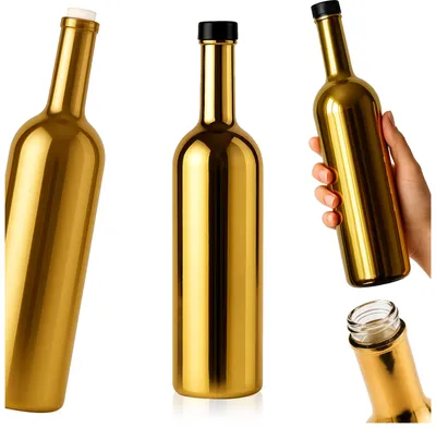 Zdjęcie produktu dla SuperButelki - Butelka Futura złota 750 ml na nalewki wódkę sok wino, ozdobna butelka szklana, na prezent, zdobiona, chrom, błyszcząca 0,75l