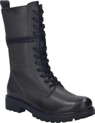 A single black leather boot is shown against a white background.