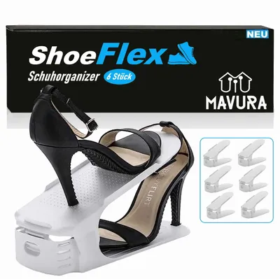 A shoe organizer holding two high-heeled shoes, with packaging and smaller product images in the background.