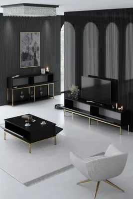 Produktbild von Skye Decor, Lord - Black, Gold, Wohnzimmer, Wohnzimmermöbel-Set, Schwarz, 180 x 47 x 30 cm