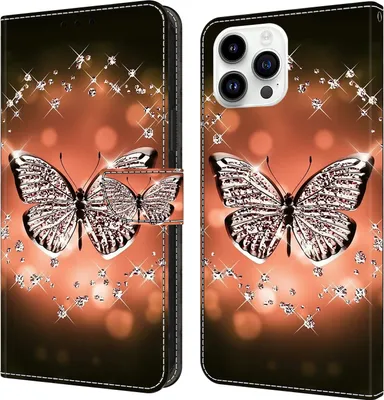 Produktbild von CLM-Tech Handyhülle kompatibel mit iPhone 16 Pro Hülle - Tasche aus Kunstleder - Klapphülle mit Ständer und Kartenfächern - Schutzhülle Wallet Case Cover Schmetterling Diamanten Muster