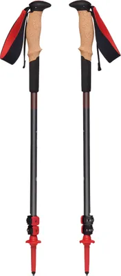 Zwei Trekkingstöcke "Pursuit Shock" von Black Diamond mit ergonomischen Griffen und rotem Akzent.