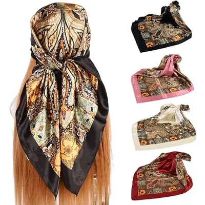 Immagine prodotto di Set di 4 sciarpe in seta da donna, 90x90 cm – Foulard e asciugamano per capelli in raso, grande bandana quadrata e sciarpa