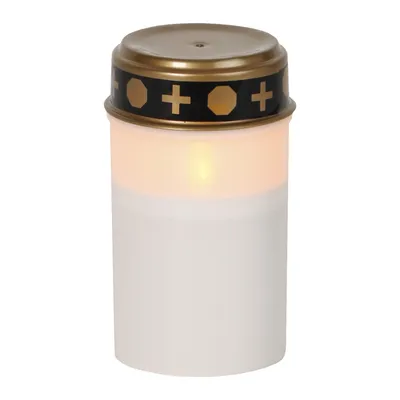 A white LED candle with a gold and black decorative band around the top.