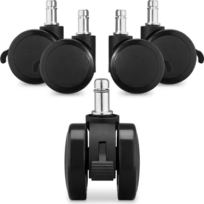 A set of five black office chair casters. Four are arranged in a semi-circle in the upper part of the image, and one is in the foreground, showing more detail. Each caster has a silver stem for attachment and a black wheel assembly.