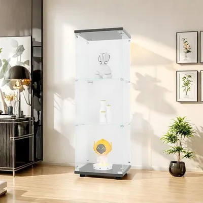 Productafbeelding van Glazen vitrine in zwart (42 * 36 * 125 cm) met 3 glazen planken en 1 deur van gehard glas. Modelauto vitrine, vitrinekast, verzamelvitrine, woonkamerkast, wandplank, glazen kast