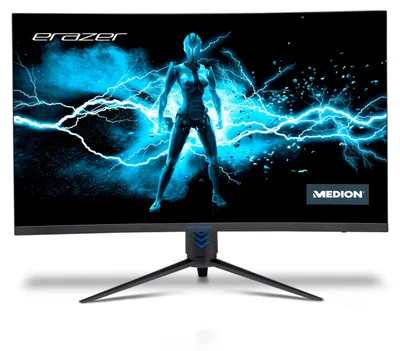 A gaming monitor with a futuristic graphic on the screen.