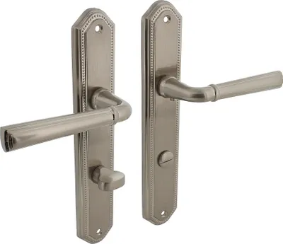Produktbild von Türdrücker Nickel matt Langschildgarnitur Hannover Türbeschlag Landhausstil WC DIN Norm