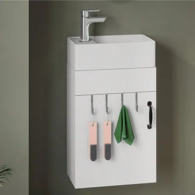 Produktbild von BALCONERA Weißer Waschtischunterschrank mit Waschbecken: Badezimmerschrank/Aufbewahrungsschrank, 2 Haken, für Badezimmer & Küche, Wasserhahn nicht enthalten