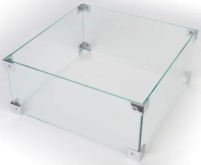 A clear glass box with metal corner protectors, shown from a diagonal angle on a white background.