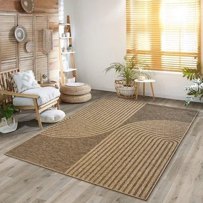 Produktbild von Unyqoos® Teppichläufer Kenzy – für Innen & Außen, Jute-Optik Linienmuster, beige-braun, UV-beständig, 60×180 cm
