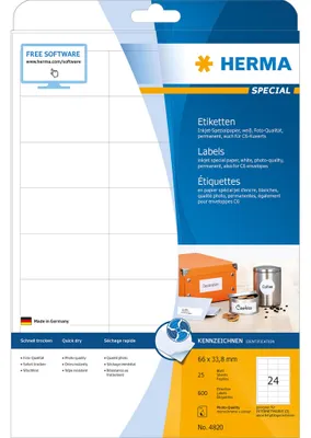 Immagine prodotto di HERMA 4820 etichette Inkjet A4 bianche opache 66x33,8 mm 600 pezzi