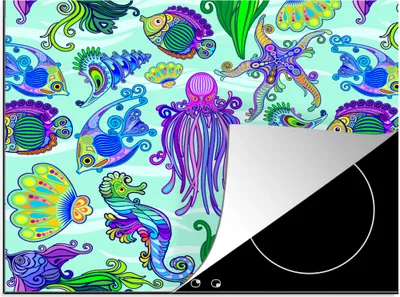Produktbild von KitchenYeah© Herdabdeckplatte Tiere - Regenbogen - Fische - Muster , 57x51cm, Küche Deko, Glaskeramikkochfeld Herdabdeckung, Abdeckplatte fùr Kochfeld