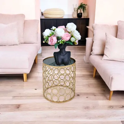 Produktbild von Beistelltisch Rund Metall Gold Glas Couchtisch Nachttisch Sicherheitsglas Modern