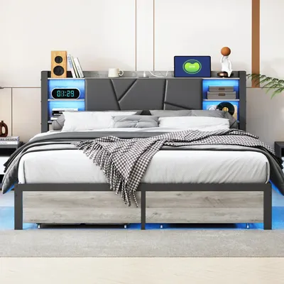 Obrázek produktu pro Čalouněná postel – rám dvojlůžka 160 × 200 cm –Polyuretankůže – LED osvětlení – USB port – zásuvky – bez matrace – černá