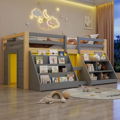 Produktbild von Kiefernholz Halbhochbett 90x200 cm Kinderbett mit LED-Beleuchtung & Stauraum Regalen, Wackelfreies Spielbett mit Sicherheitsgeländer & Leiter, Ohne Matratze, Grau & Natur