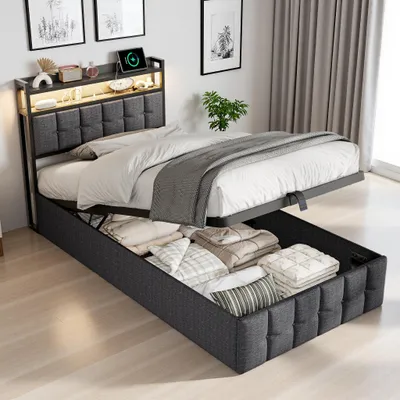 Image de INONEFT, lit rembourré 90x200 cm, lit pour enfant avec espace de rangement hydraulique, lit pour adolescent avec éclairage LED et ports USB, couleur gris lin, sans matelas