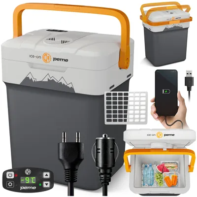 Produktbild von PEME Essential 26 Liter elektrische Kühlbox zum Kühlen und Warmhalten, 12/230V mobiler Kühlschrank, Eco-Modus, USB-Anschluss, für Camping und Auto