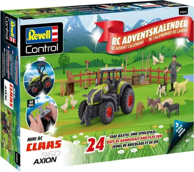 A product box for a Revell Control RC tractor advent calendar, featuring a farm scene with a tractor and various farm animals.