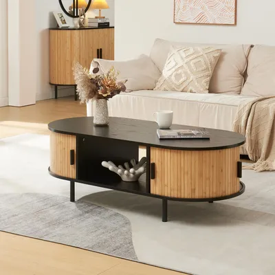 A living room scene with a couch, coffee table, and cabinet.
