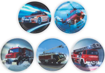 A collage of five round images, each featuring a different emergency vehicle.