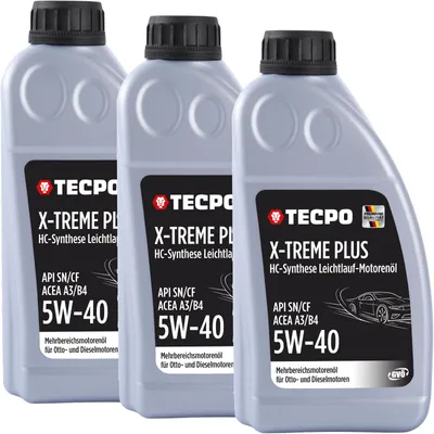 Produktbild von TECPO Motoröl 5W40 Öl X-TREME Plus Öl, 3 Liter 5W-40 Gebinde HC-Synthese für Diesel-und Benzinmotoren entspricht API SN/CF / ACEA A3/B4 / 502/505 / 226.3/226.5 / Longlife 01/98
