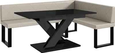 Produktbild von MEBLINI Eckbank für Esszimmer mit ausziehbarem Tisch  - Küchenbank - Essecke - Sitzecke Küche - ERIC - U-Beine 142x196x87cm Rechts - Beige Kunstleder/B Schwarz Hochgl.