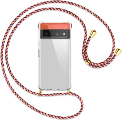 Produktbild von Handykette Backcover-Schutzhülle mit Band (Metall goldfarben) für Google Pixel 6 Pro - weinrot/gelb/grau