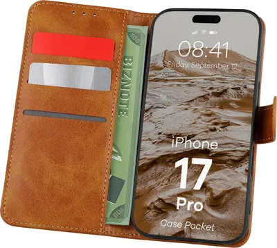 Produktbild von Handyhülle mit Klappe für iPhone 17 Pro, Bizon Case Pocket, Braun