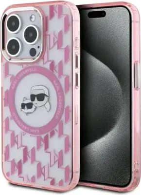 Produktbild von MagSafe Hülle für Apple iPhone 15 Pro Max - Karl Lagerfeld IML Monogram Karl & Choupette Head Back Cover - Rosa