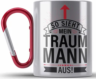 Produktbild von Trendation - Lustige Edelstahl Tasse Karabiner Valentinstag Spruch Geschenk für Freund Ich Denke Deine Freundin Zu Sein Ist Geschenk Genug Karabiner Edelstahl Tasse Karabiner Edelstahl Traummann (Rot)